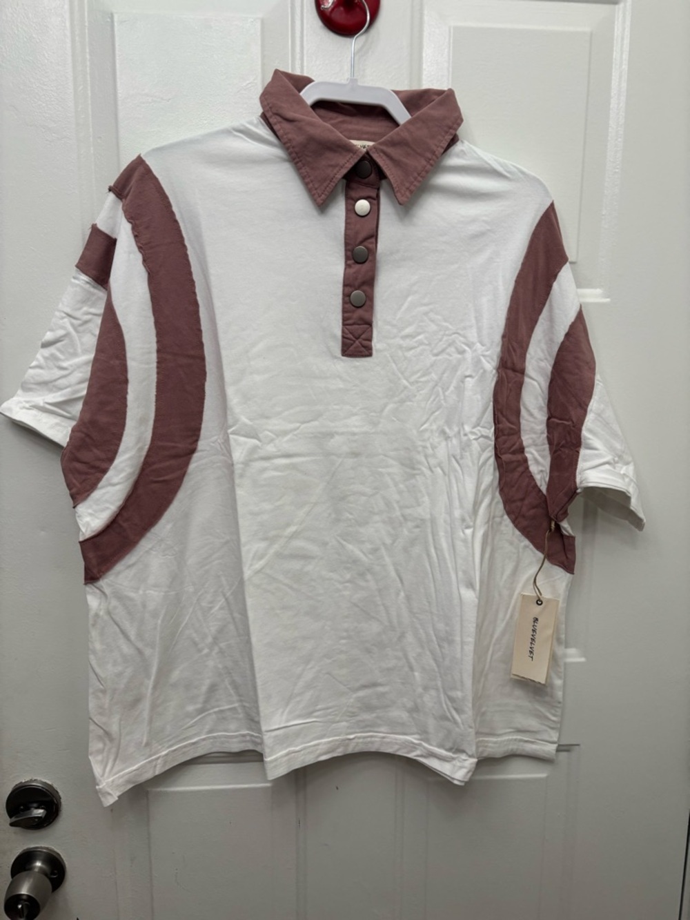 Blue Velvet Short-Sleeve Polo Tee in White with Dusty Rose Accents